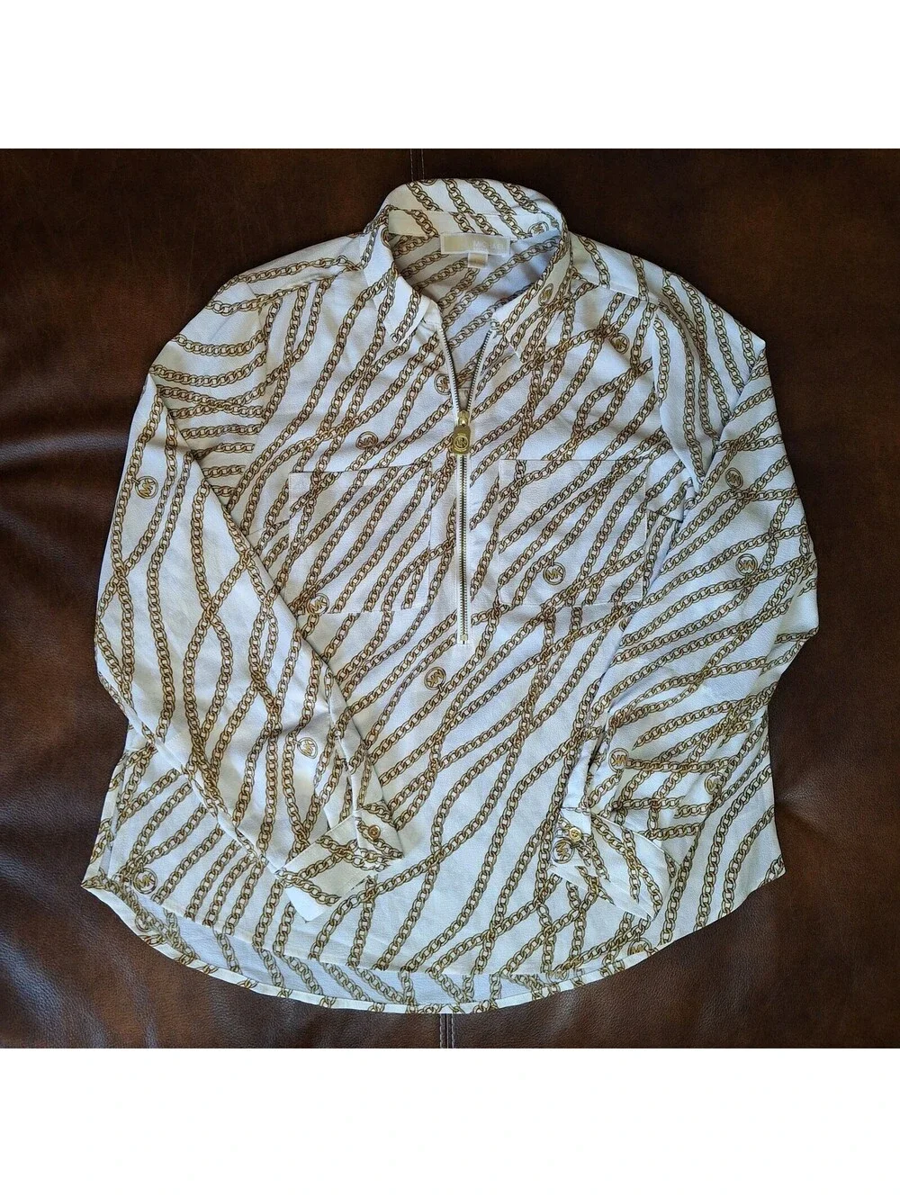 Michael Kors The Blouse Gold Chains Woman’s MK Logo Zip Up Roll Tab Sleeve - L